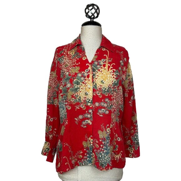 Tianello Tops - Tianello Womens Top Blouse Sz L Suzy Button Up Red Boho Floral Rayon USA Artsy